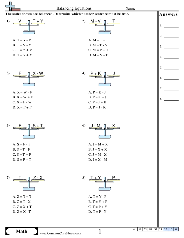 Balancing Equations Worksheets - Scales - Multiple Choice(Addition & Subtraction) worksheet